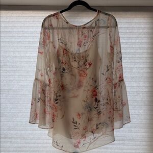 White House Black Market Floral Sheer Blouse - Cream and Pink